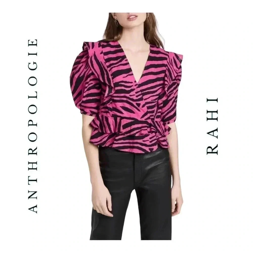 1404.‎ ANTHROPOLOGIE RAHI SHORT PUFFER SLEEVES TOP XSMALL ZEBRA PRINT HOT PINK